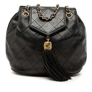 CHANEL Black Lambskin Leather Logo Shoulder Bag